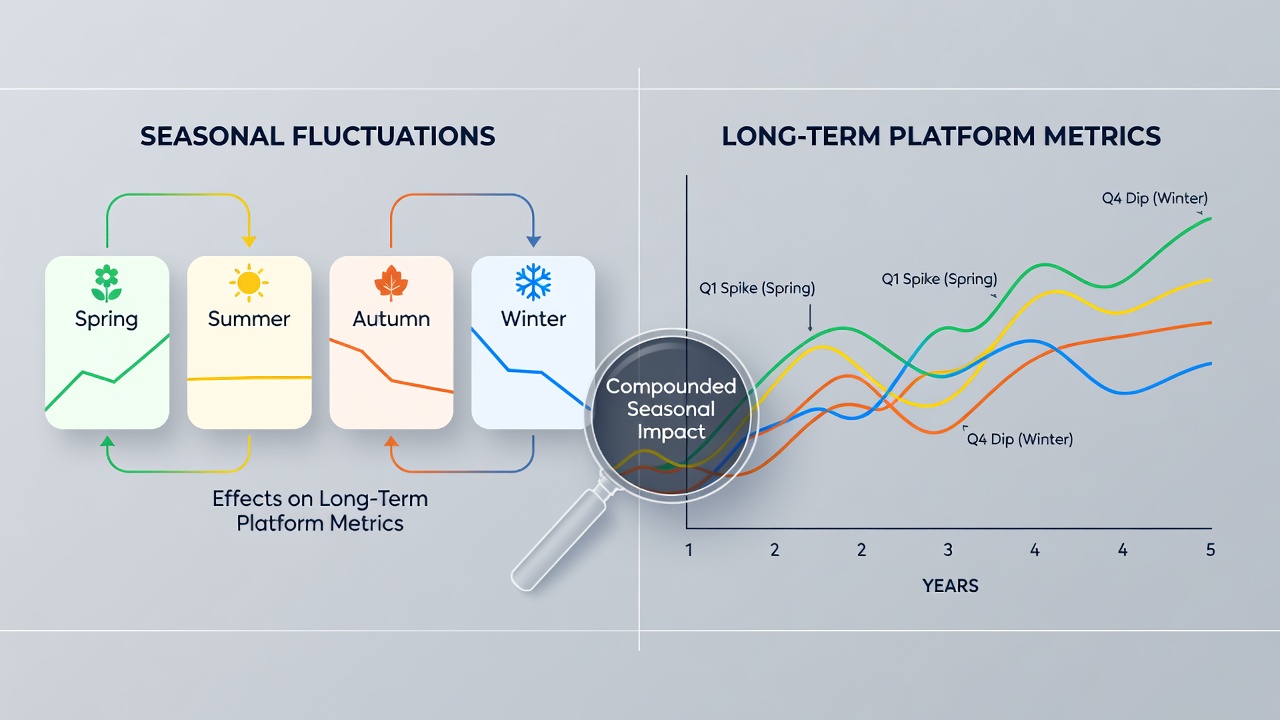 Infographic illustrating long-term platform metric trends adjusted for seasonal influences with overlaid quarterly data points